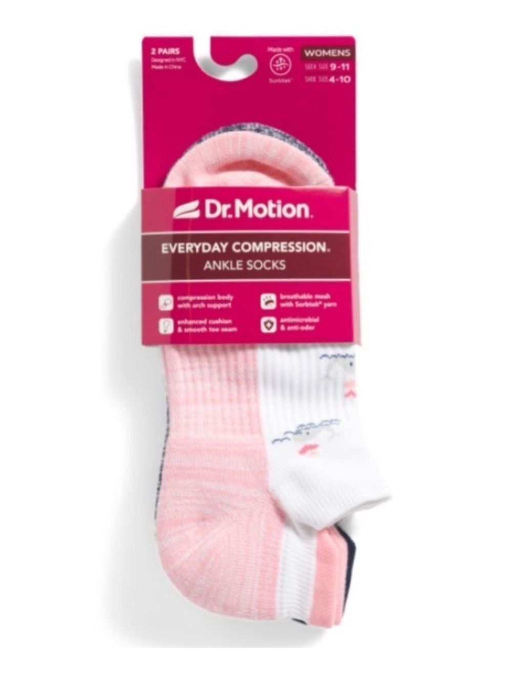 Dr. Motion Ladies 2 Pack White Pink Navy Everyday Compression Tab Ankle Socks